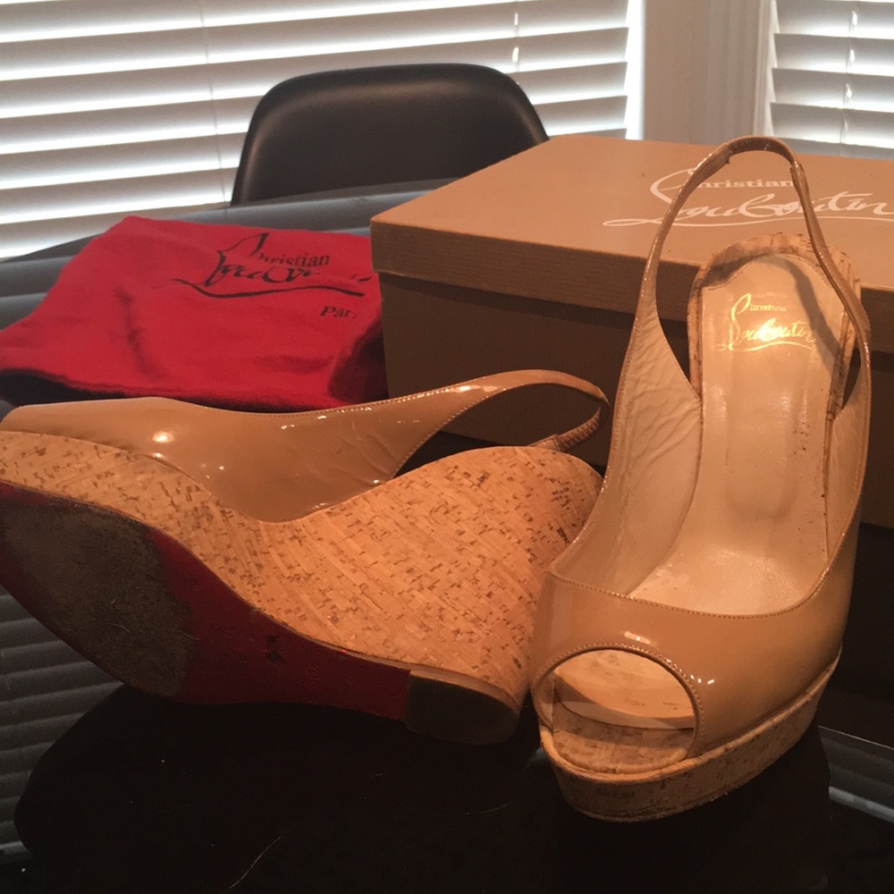 Christian Louboutin Tan Nude Wedge Slingbacks 38.5